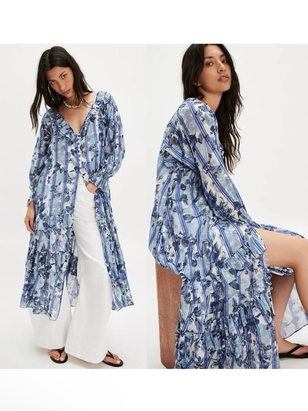 Free People Blue Floral Ruffle-Tier Long Sleeve Midi Dress XL
